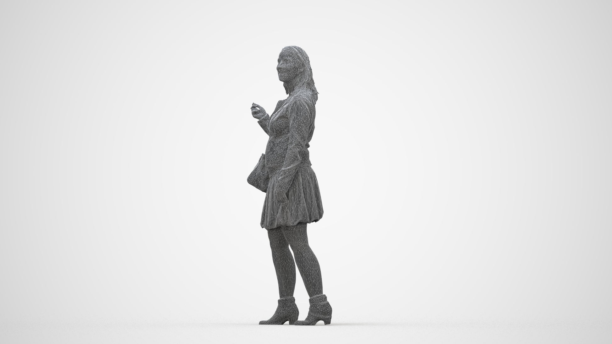 3D human model woman business standing, photogrammetry scanned person for archviz, wireframe back view