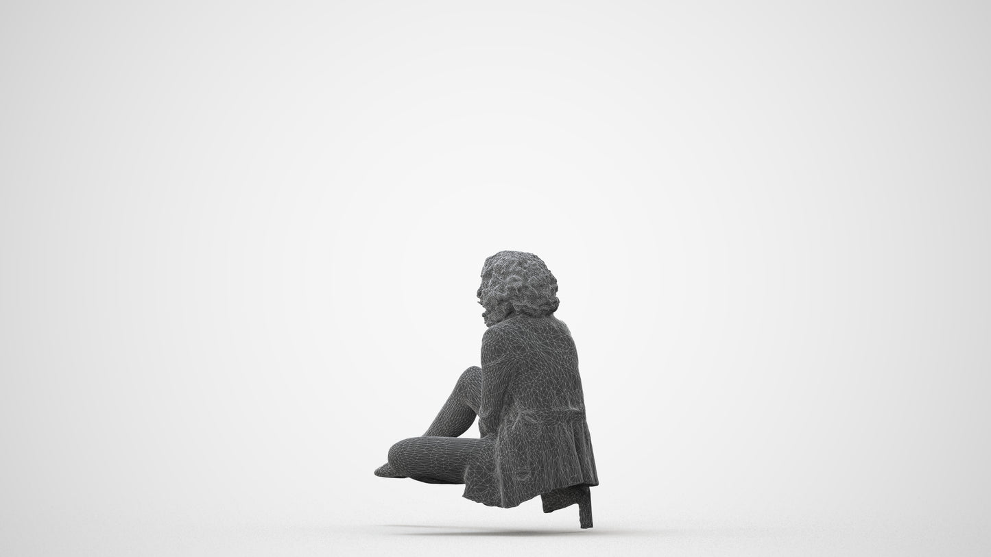 3D human model woman business sitting, photogrammetry scanned person for archviz, square thumbnail