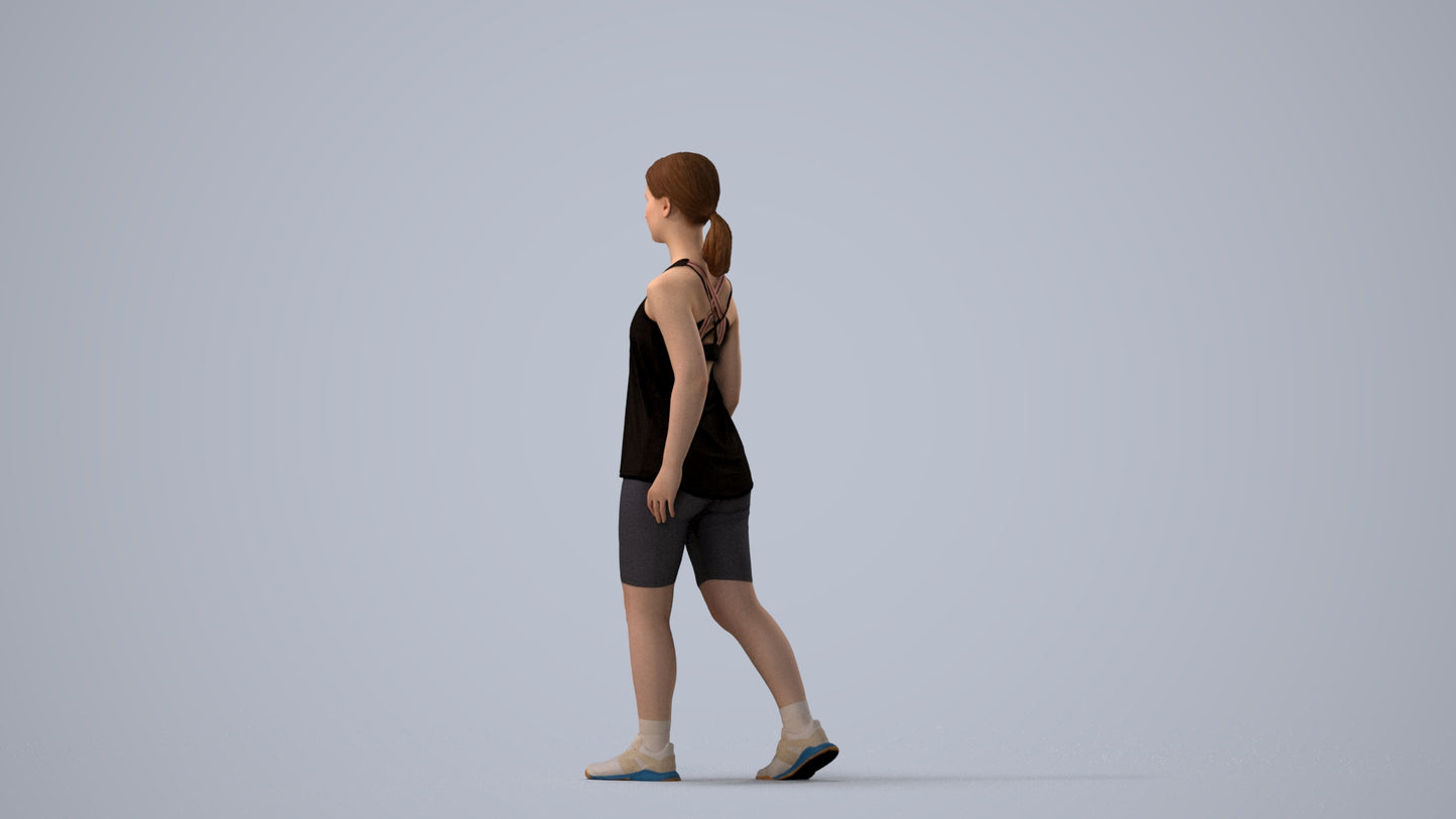 3D scanned girl walking sport, photorealistic archviz people for Enscape and SketchUp, three-quarter view render