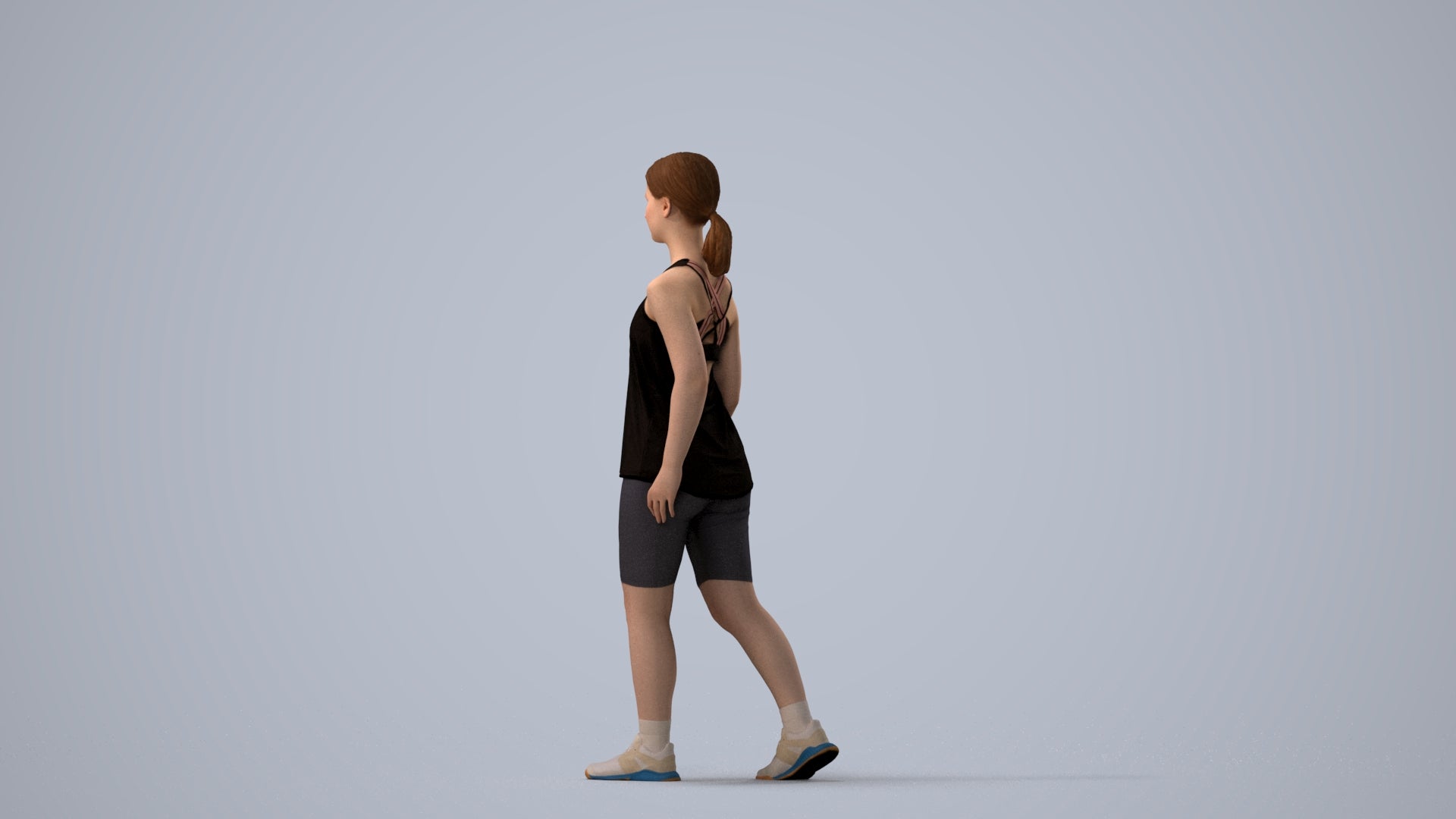 3D scanned girl walking sport, photorealistic archviz people for Enscape and SketchUp, three-quarter view render