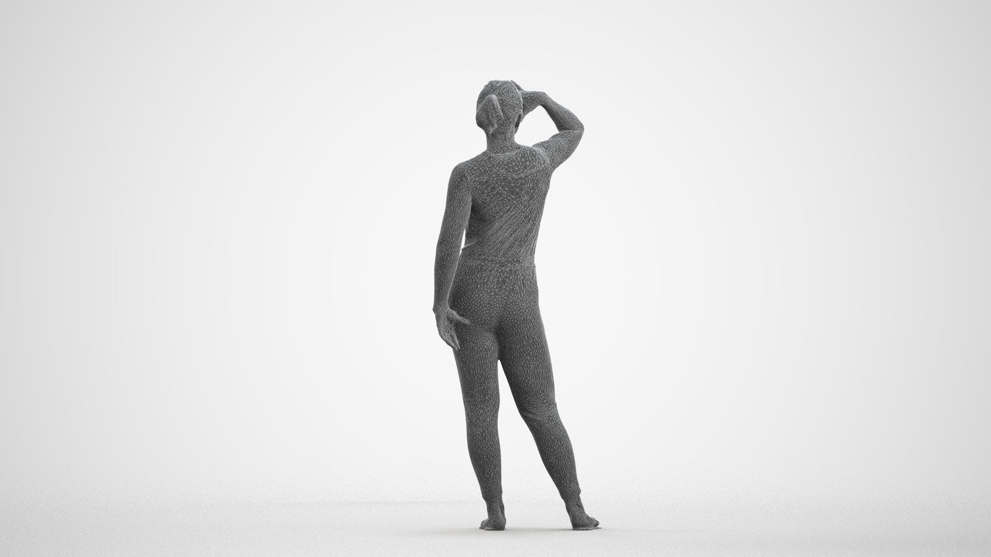 realistic 3D woman casual standing, scanned archviz people for Blender and 3ds Max, wireframe front view
