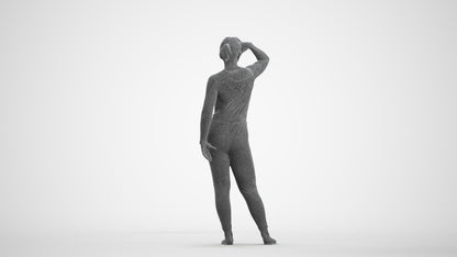 realistic 3D woman casual standing, scanned archviz people for Blender and 3ds Max, wireframe front view