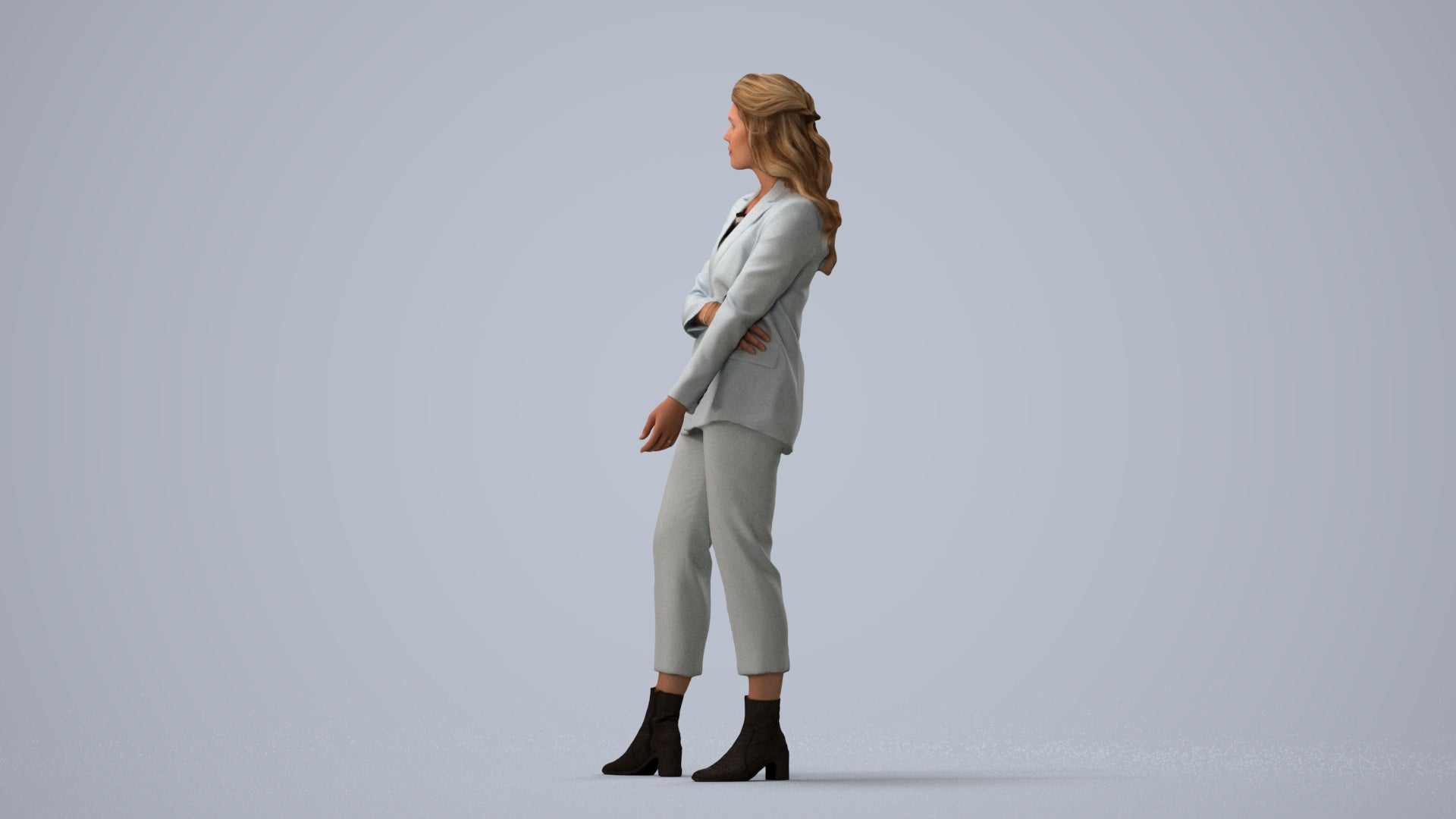 photogrammetry 3D woman business, realistic human model archviz FBX, three-quarter view render