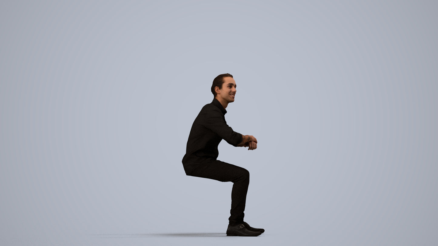 3D human model man casual sitting, photogrammetry scanned person for archviz, side view render