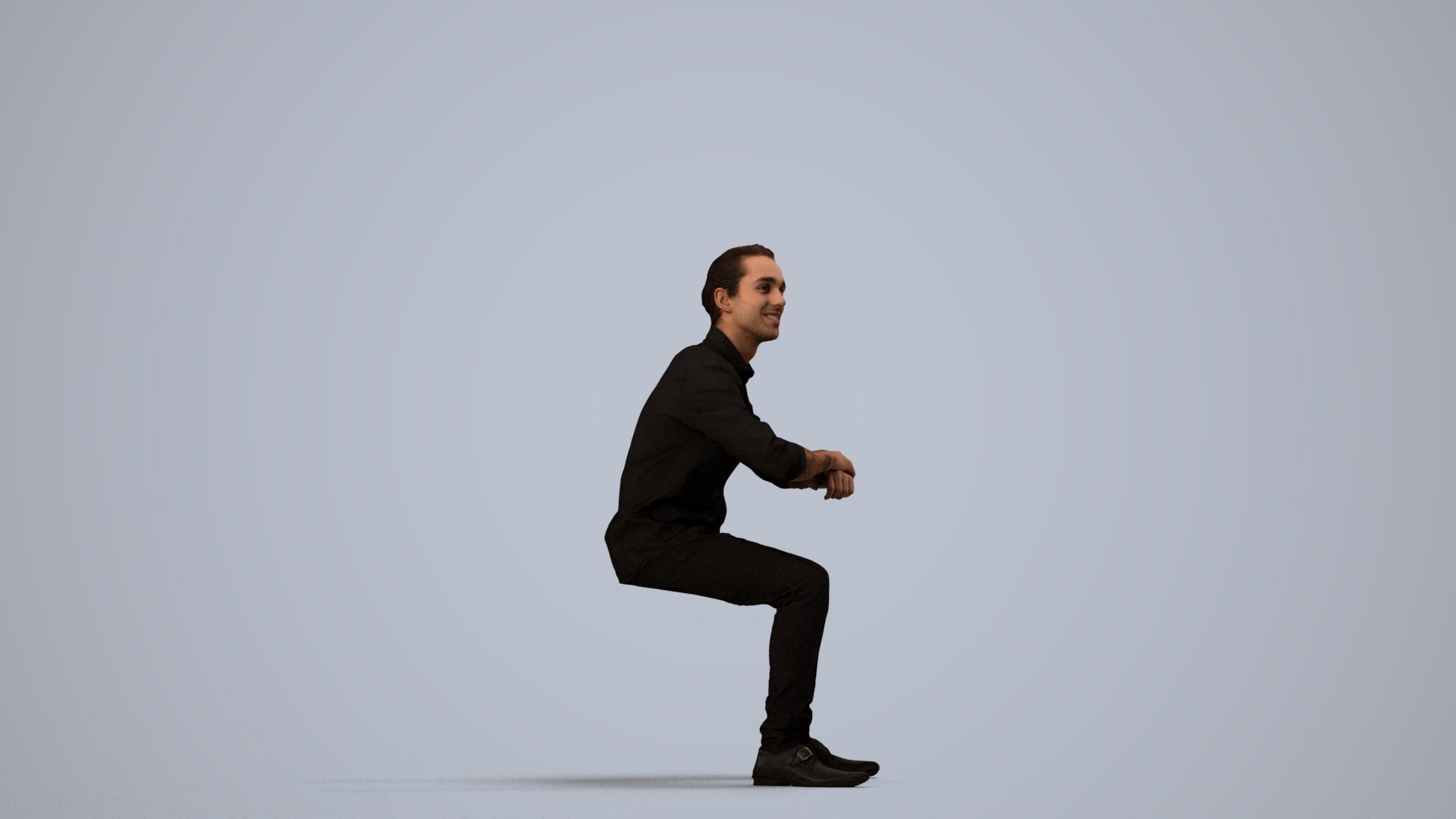 3D human model man casual sitting, photogrammetry scanned person for archviz, side view render