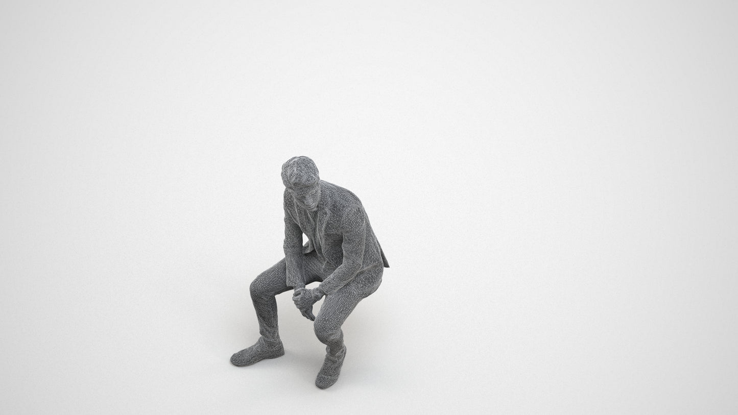 3D people model man casual sitting, scanned human for 3ds Max rendering, wireframe three-quarter view
