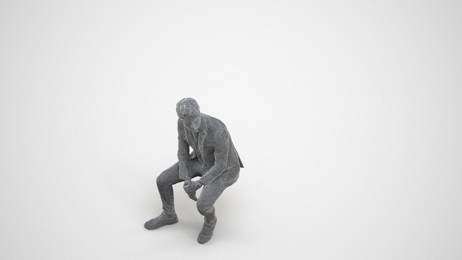 3D people model man casual sitting, scanned human for 3ds Max rendering, wireframe three-quarter view