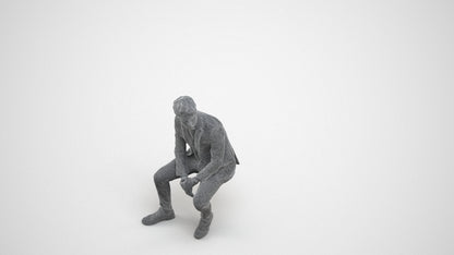 3D people model man casual sitting, scanned human for 3ds Max rendering, wireframe three-quarter view
