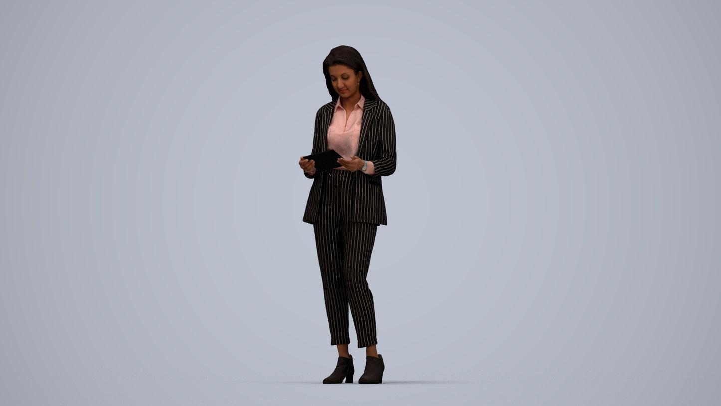 3D human model woman business, photogrammetry scanned person for archviz, top-down view render