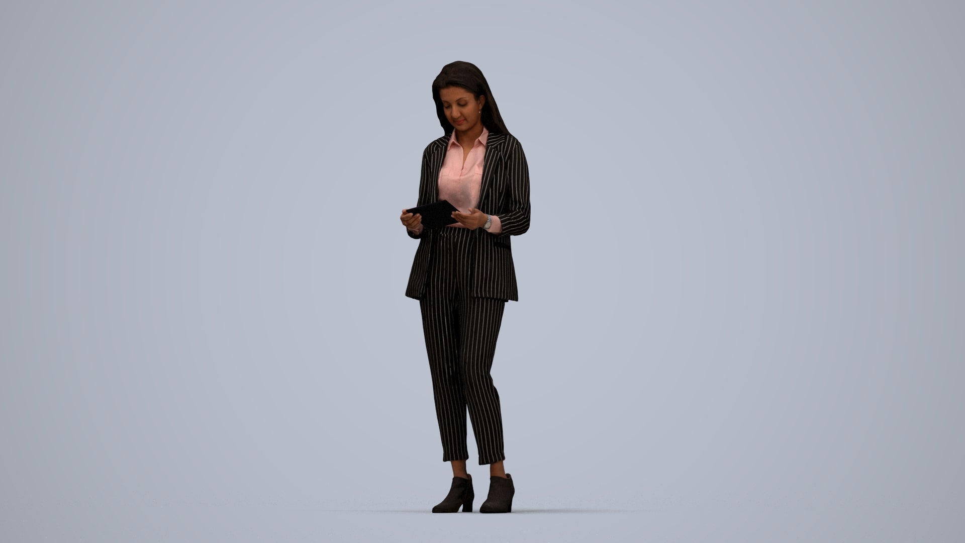 3D human model woman business, photogrammetry scanned person for archviz, top-down view render