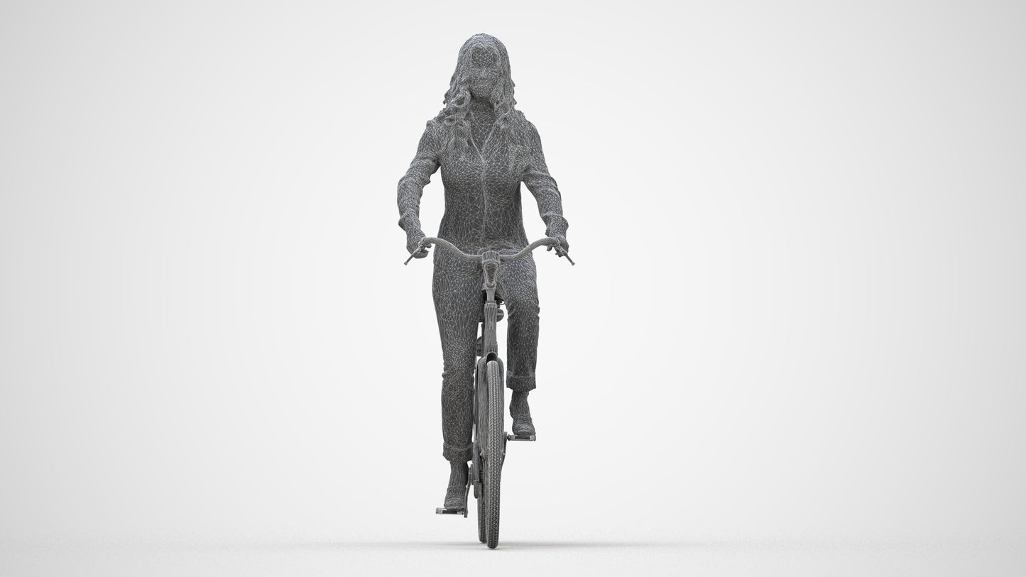 3D scanned woman cycling casual, photorealistic archviz people for Enscape and SketchUp, wireframe back view