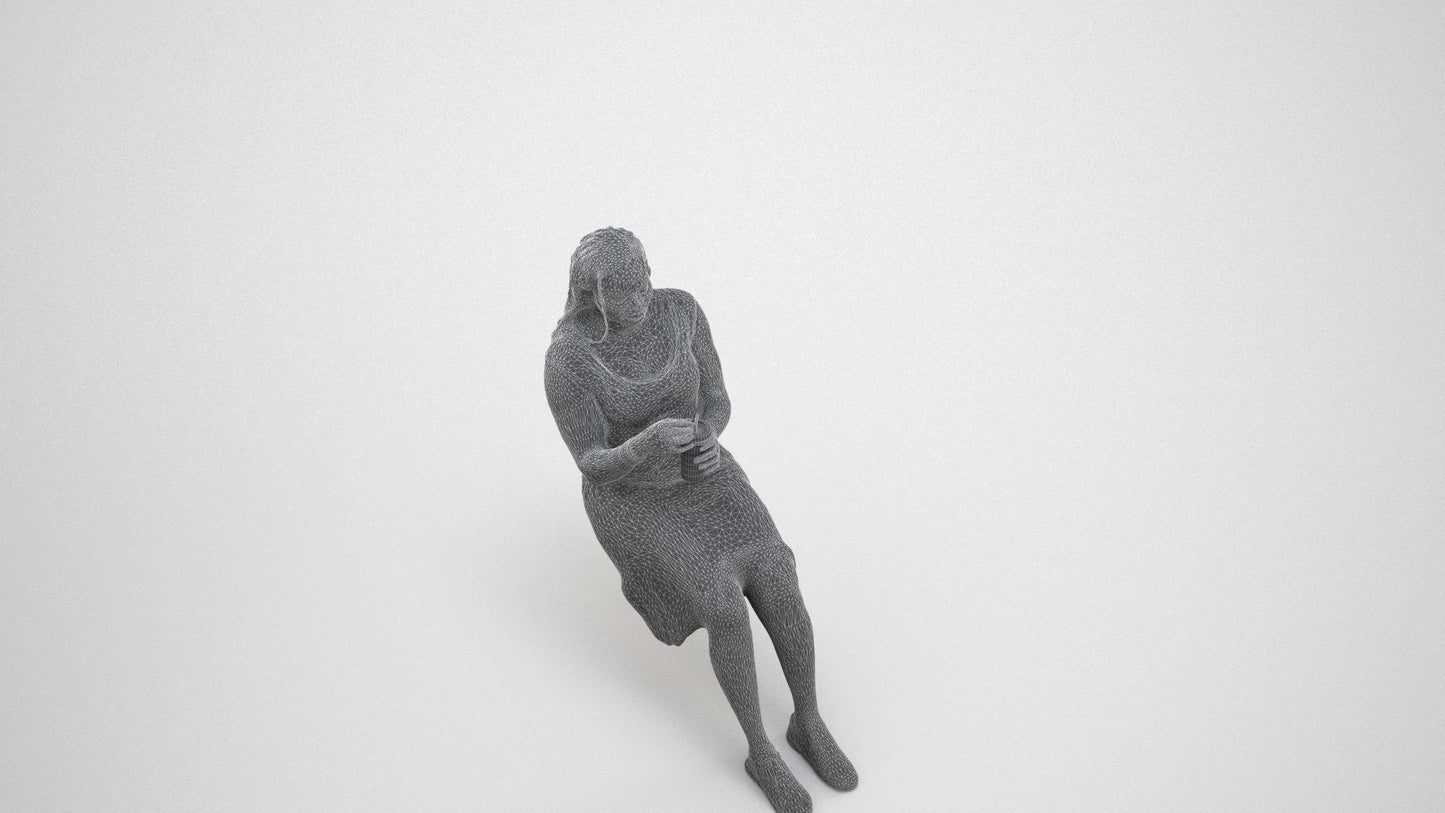 realistic 3D woman casual sitting, scanned archviz people for Blender and 3ds Max, wireframe three-quarter view