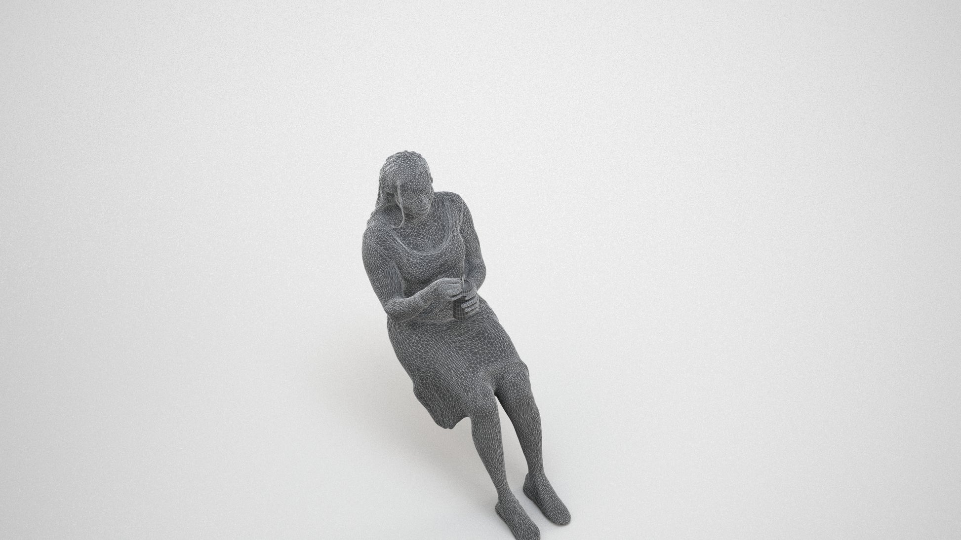 realistic 3D woman casual sitting, scanned archviz people for Blender and 3ds Max, wireframe three-quarter view