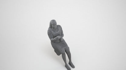 realistic 3D woman casual sitting, scanned archviz people for Blender and 3ds Max, wireframe three-quarter view