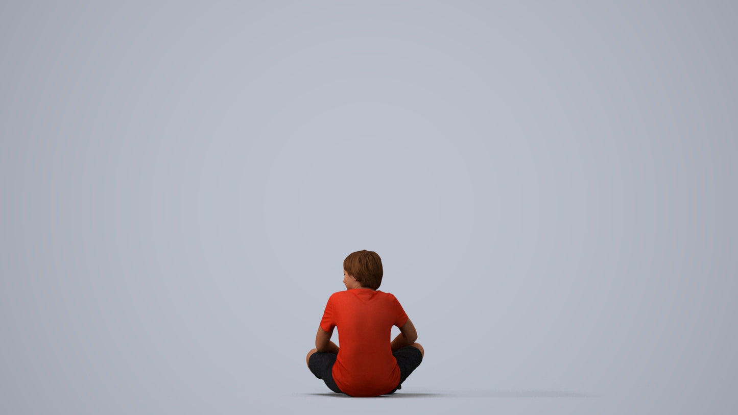 3D human model boy casual kids, photogrammetry scanned person for archviz, three-quarter view render