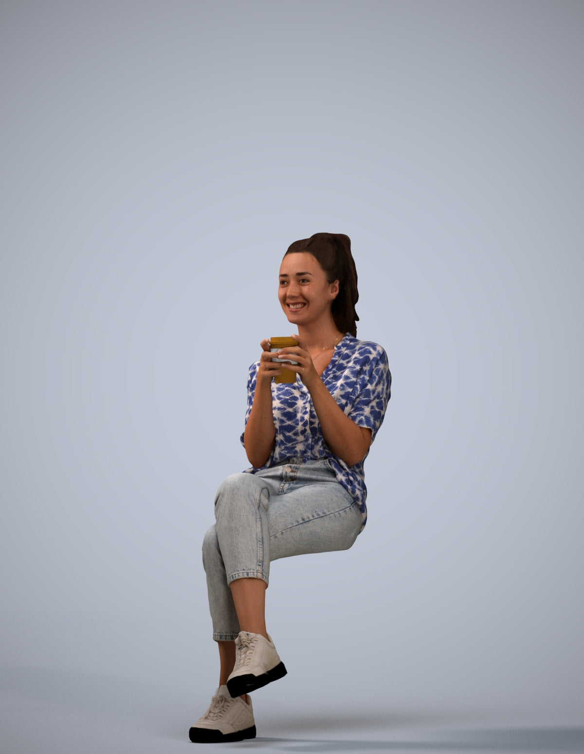 realistic 3D woman casual sitting, scanned archviz people for Blender and 3ds Max