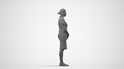 3D scanned woman hospitality, photorealistic archviz people for Enscape and SketchUp, wireframe side view