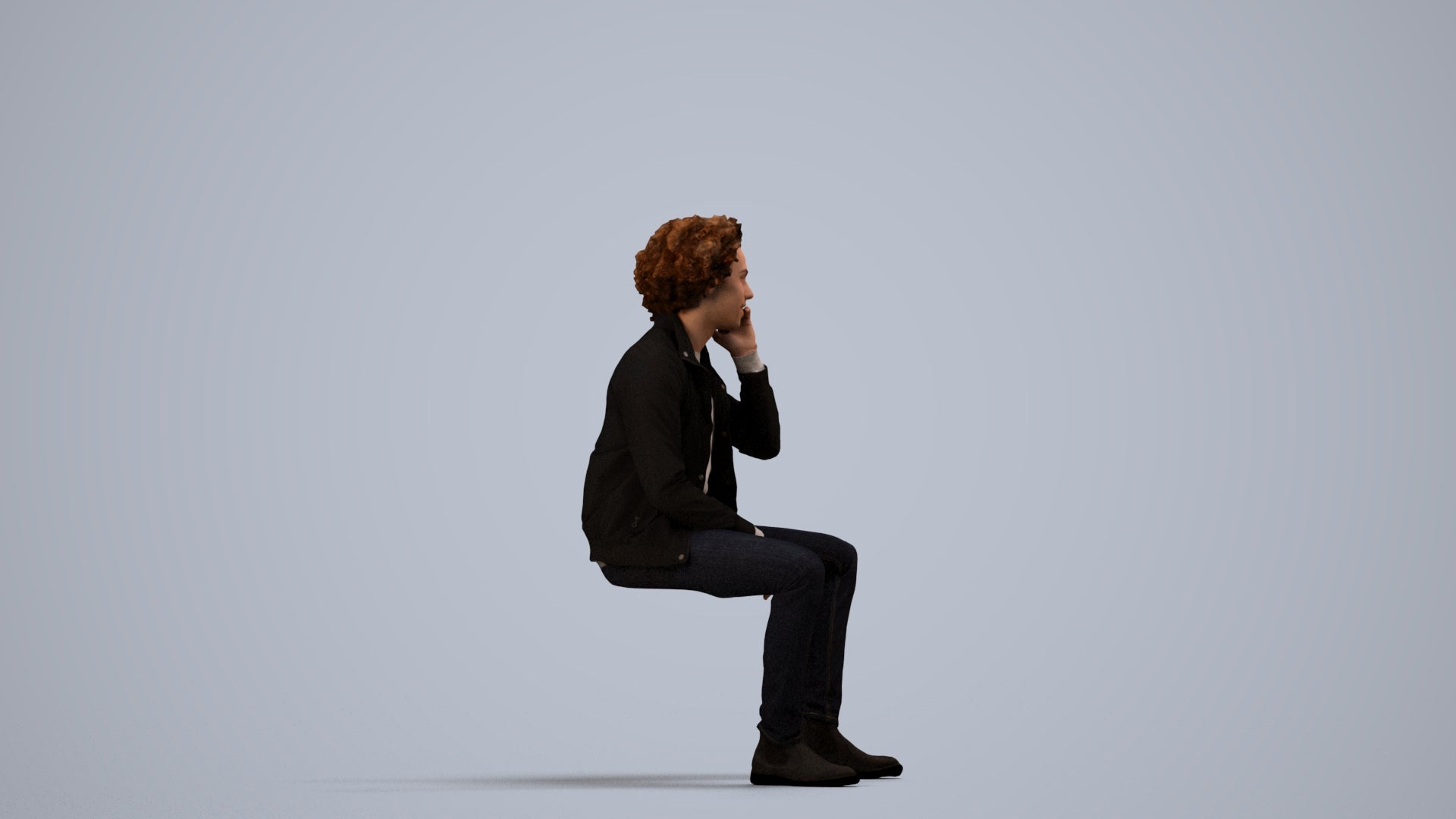 3D people model man casual sitting, scanned human for 3ds Max rendering, side view render