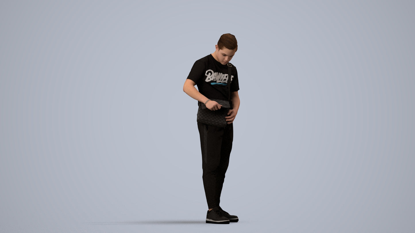 realistic 3D human boy casual kids, archviz people FBX OBJ for Blender, side view render