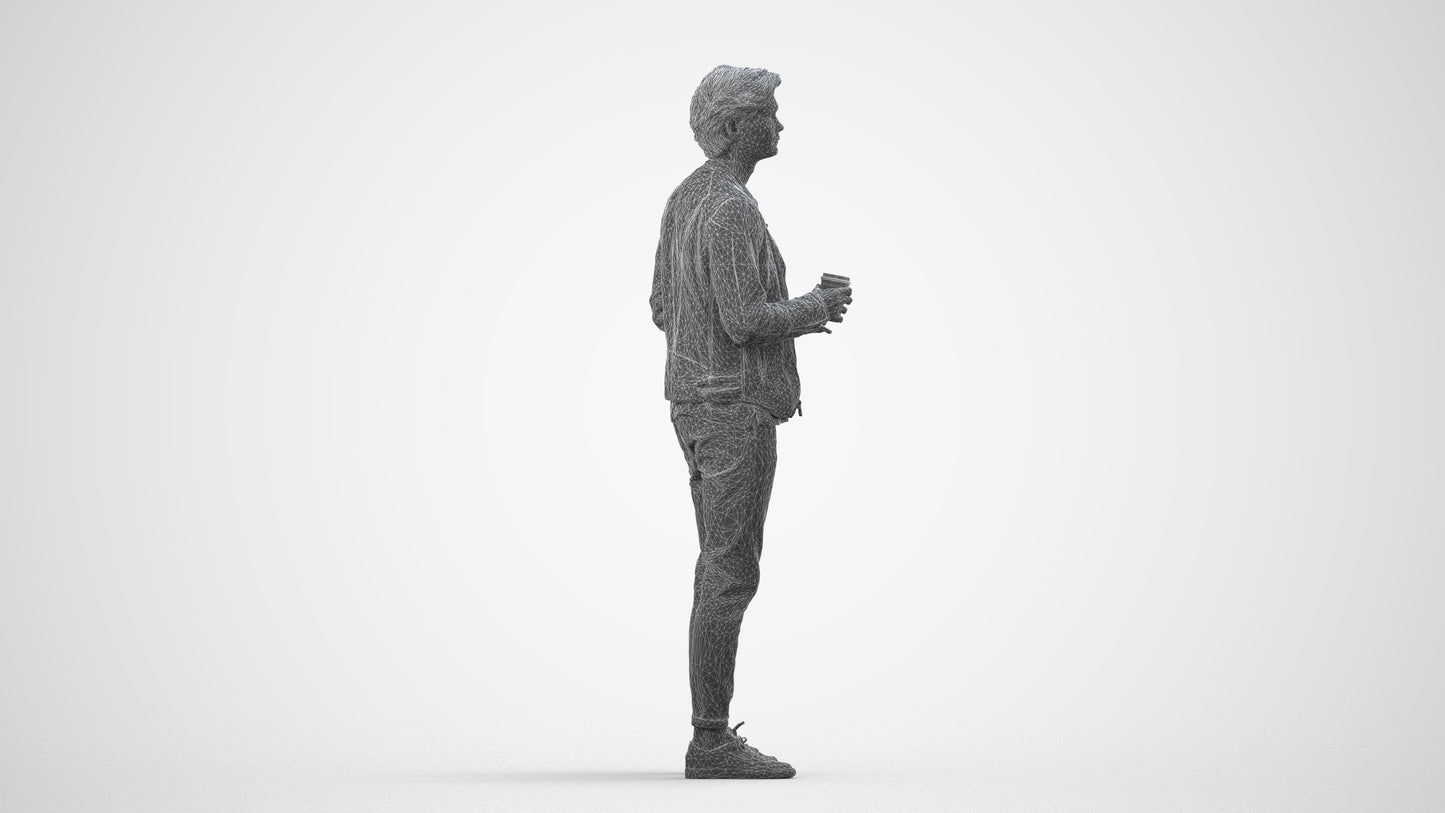photogrammetry 3D man casual standing, realistic human model archviz FBX, wireframe side view