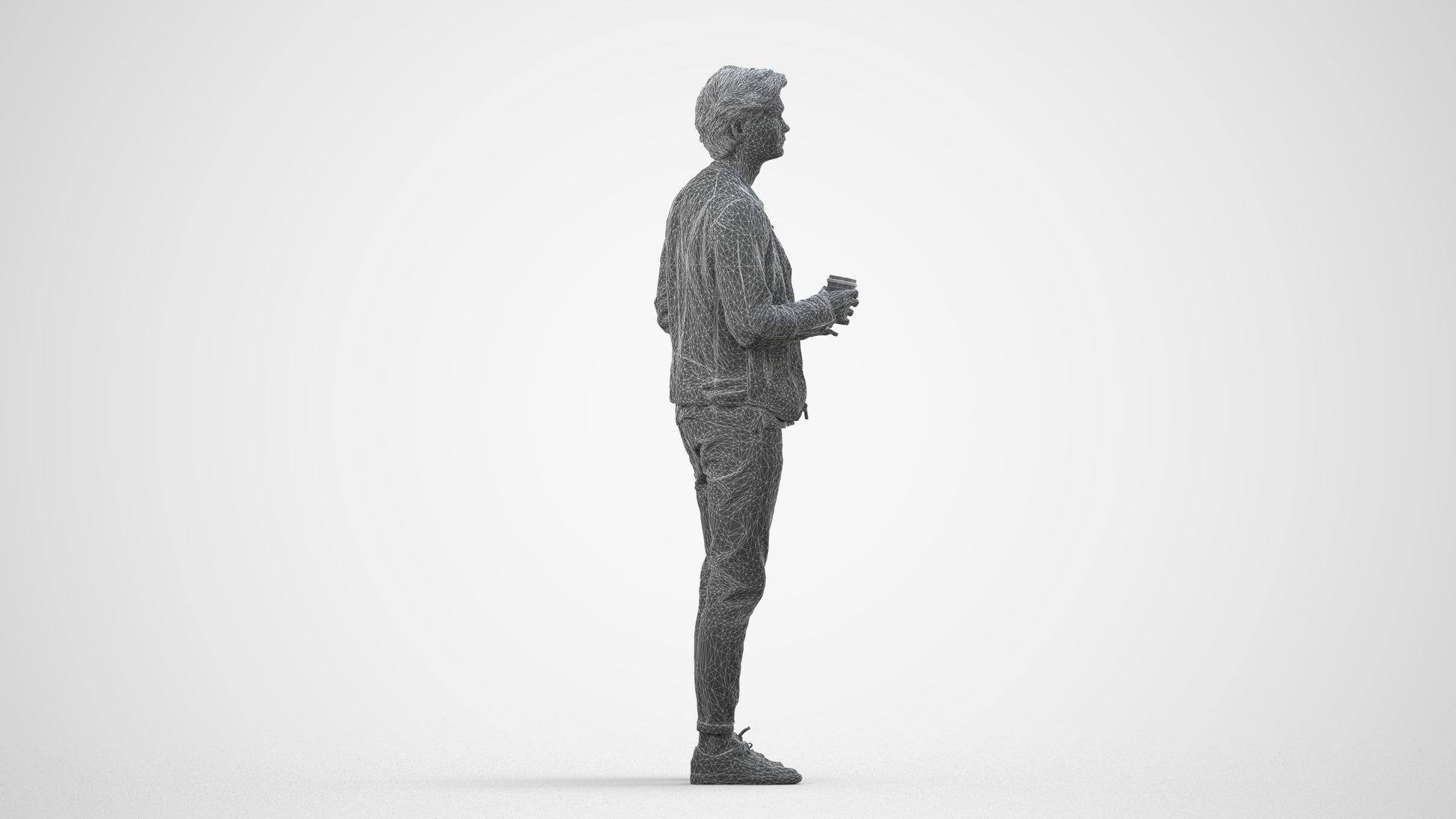 photogrammetry 3D man casual standing, realistic human model archviz FBX, wireframe side view