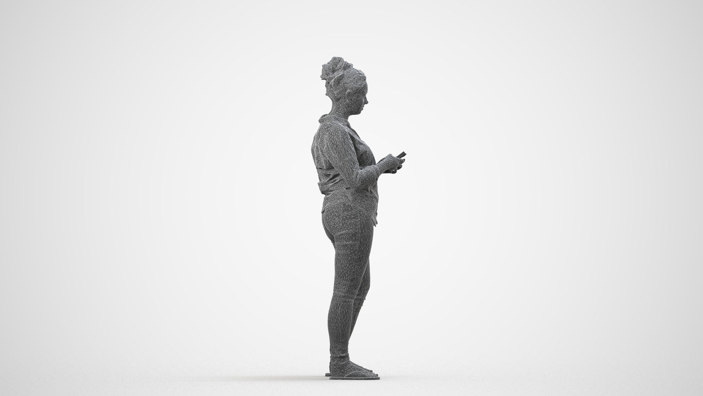 3D scanned woman standing casual, photorealistic archviz people for Enscape and SketchUp, wireframe side view