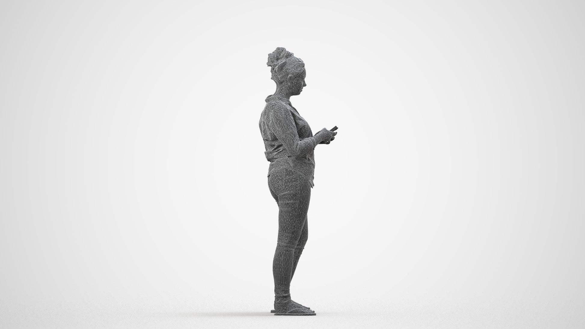 3D scanned woman standing casual, photorealistic archviz people for Enscape and SketchUp, wireframe side view