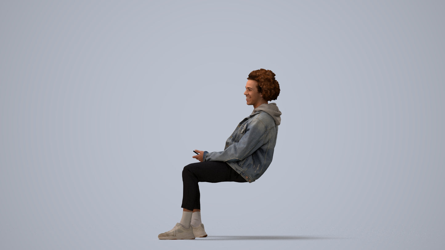 3D people model man casual sitting, scanned human for 3ds Max rendering, three-quarter view render