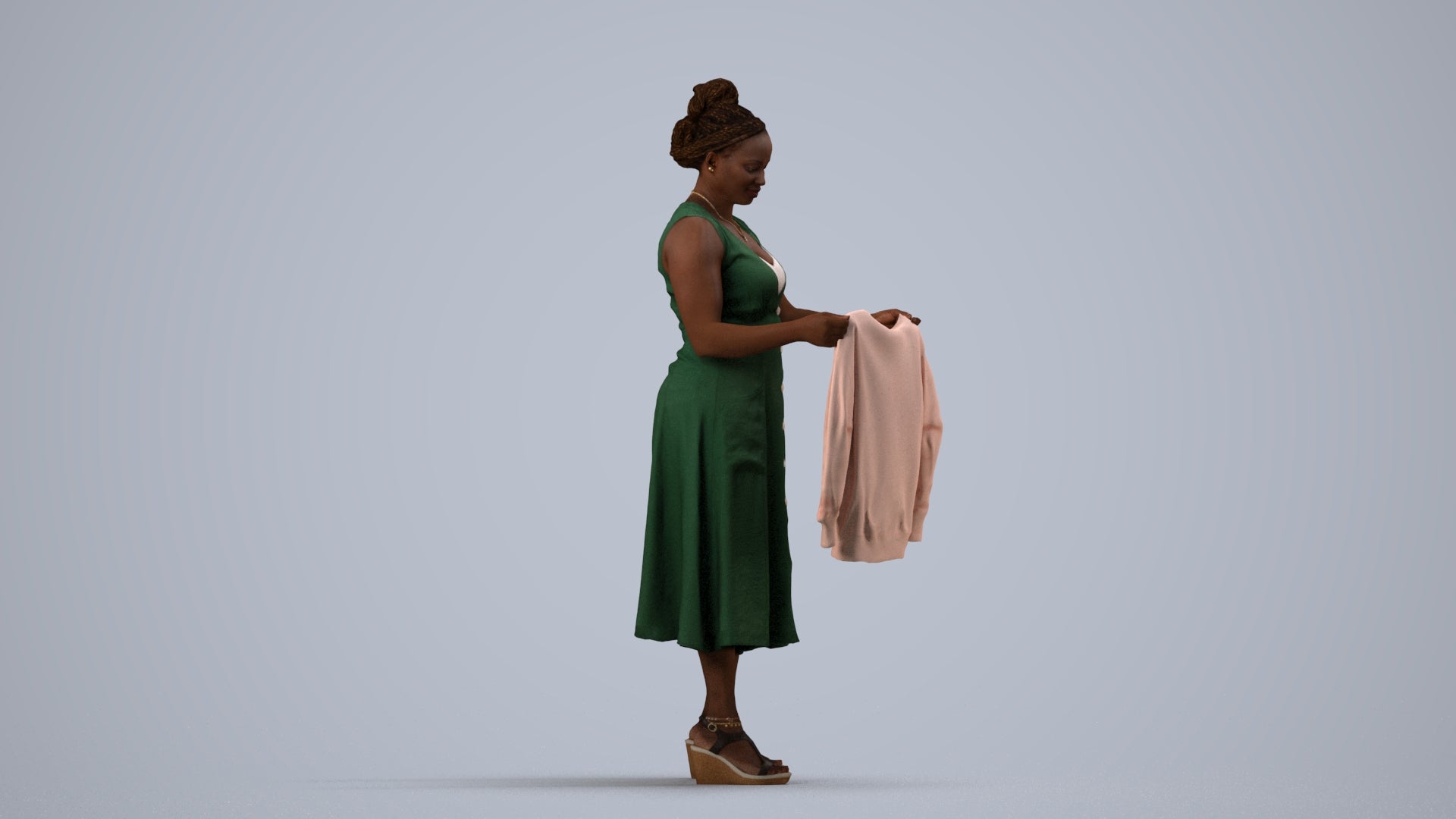 3D scanned woman standing casual, photorealistic archviz people for Enscape and SketchUp, side view render