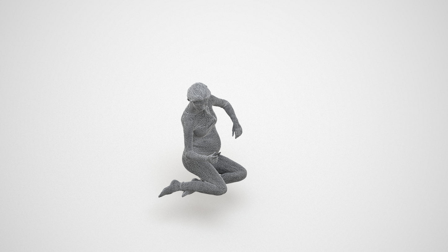 photogrammetry 3D woman casual sitting, realistic human model archviz FBX, wireframe three-quarter view