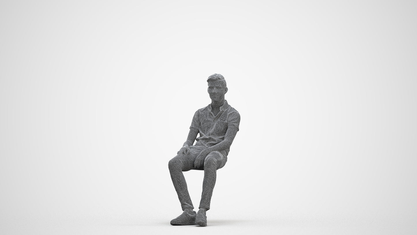3D scanned man sitting casual, photorealistic archviz people for Enscape and SketchUp, three-quarter front view render