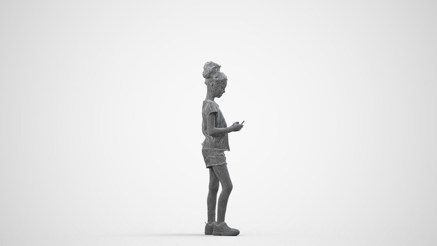 photogrammetry 3D girl casual kids, realistic human model archviz FBX, wireframe side view