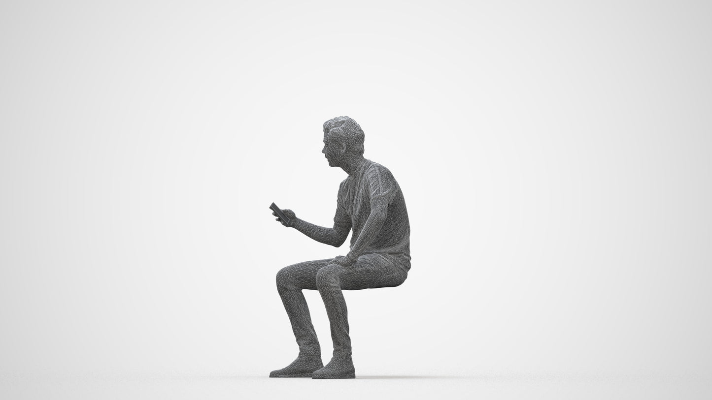 3D human model man casual sitting, photogrammetry scanned person for archviz, wireframe back view
