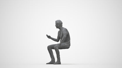 3D human model man casual sitting, photogrammetry scanned person for archviz, wireframe back view