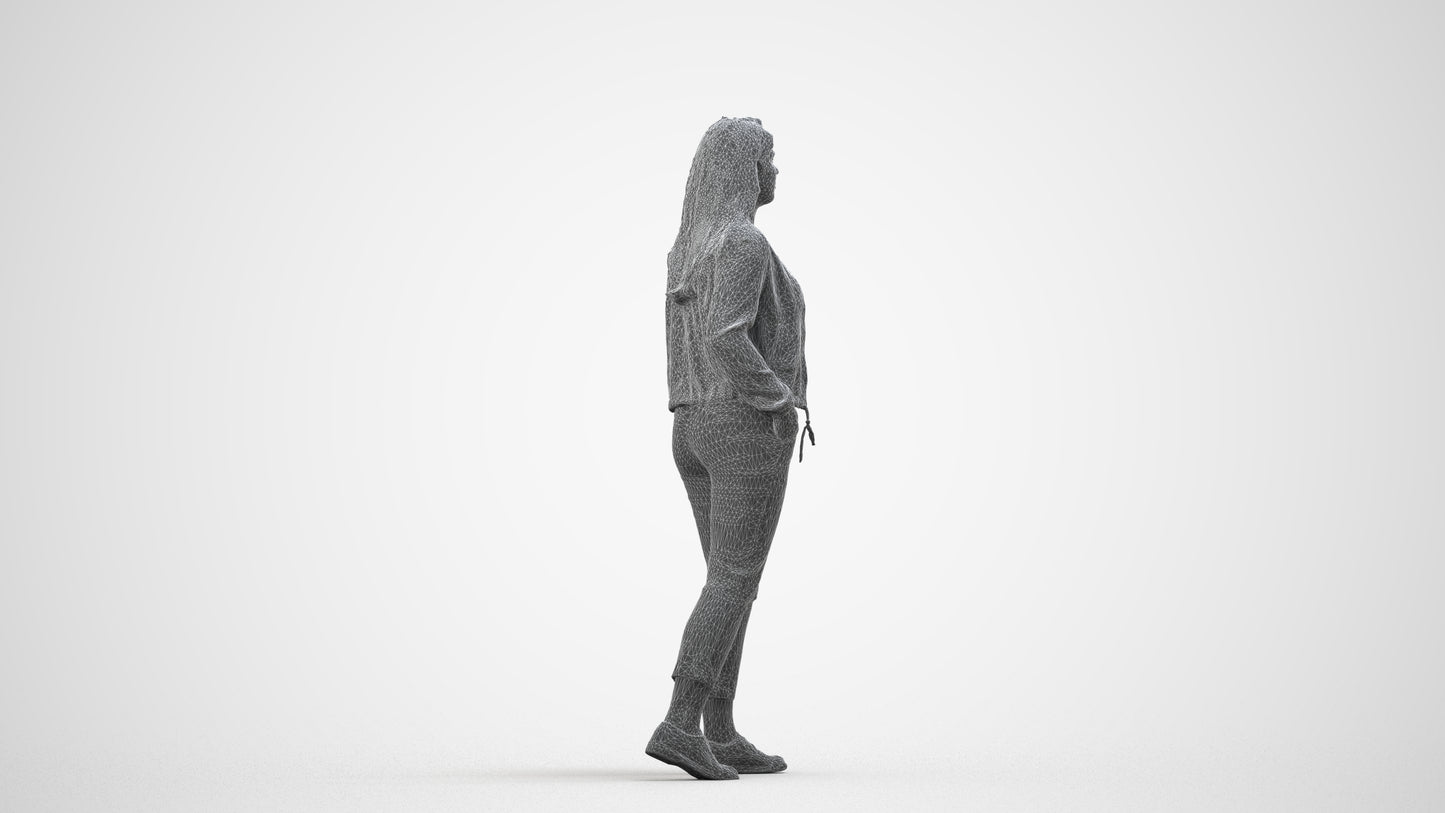 3D scanned woman walking casual, photorealistic archviz people for Enscape and SketchUp, wireframe side view
