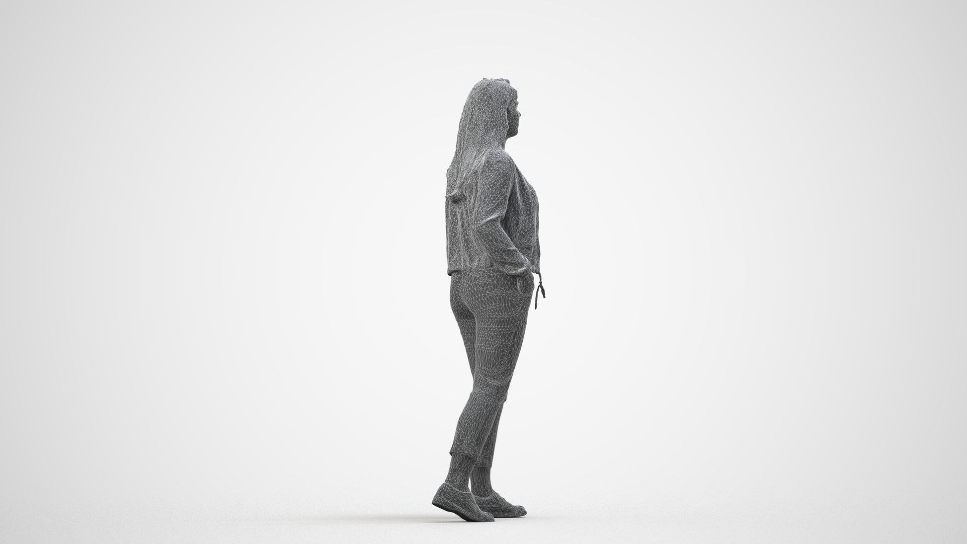 3D scanned woman walking casual, photorealistic archviz people for Enscape and SketchUp, wireframe side view