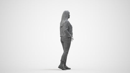 3D scanned woman walking casual, photorealistic archviz people for Enscape and SketchUp, wireframe side view