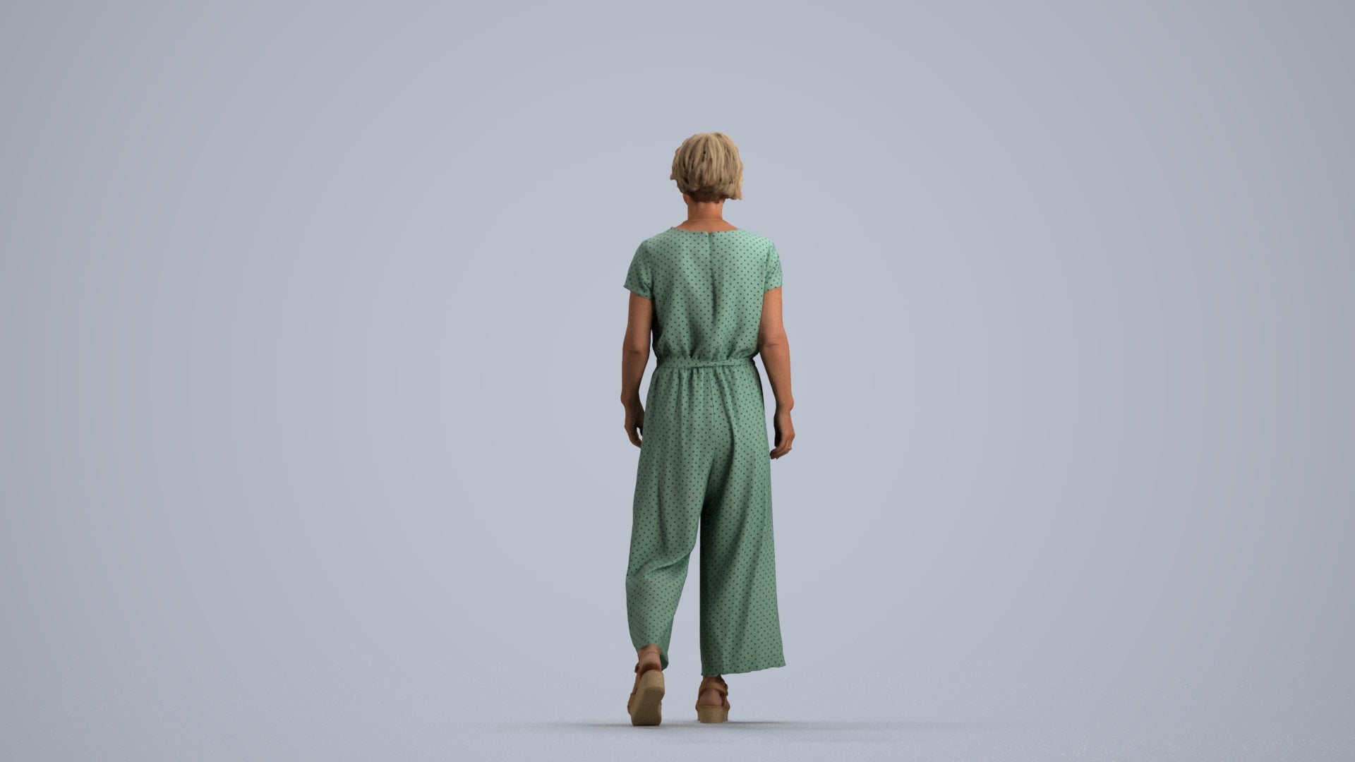 3D human model senior woman casual walking, photogrammetry scanned person for archviz, front view render