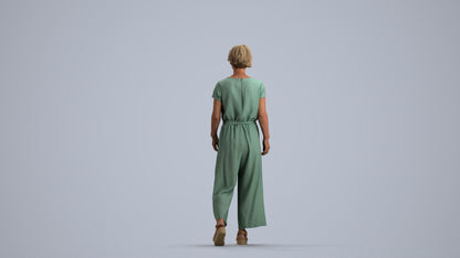 3D human model senior woman casual walking, photogrammetry scanned person for archviz, front view render