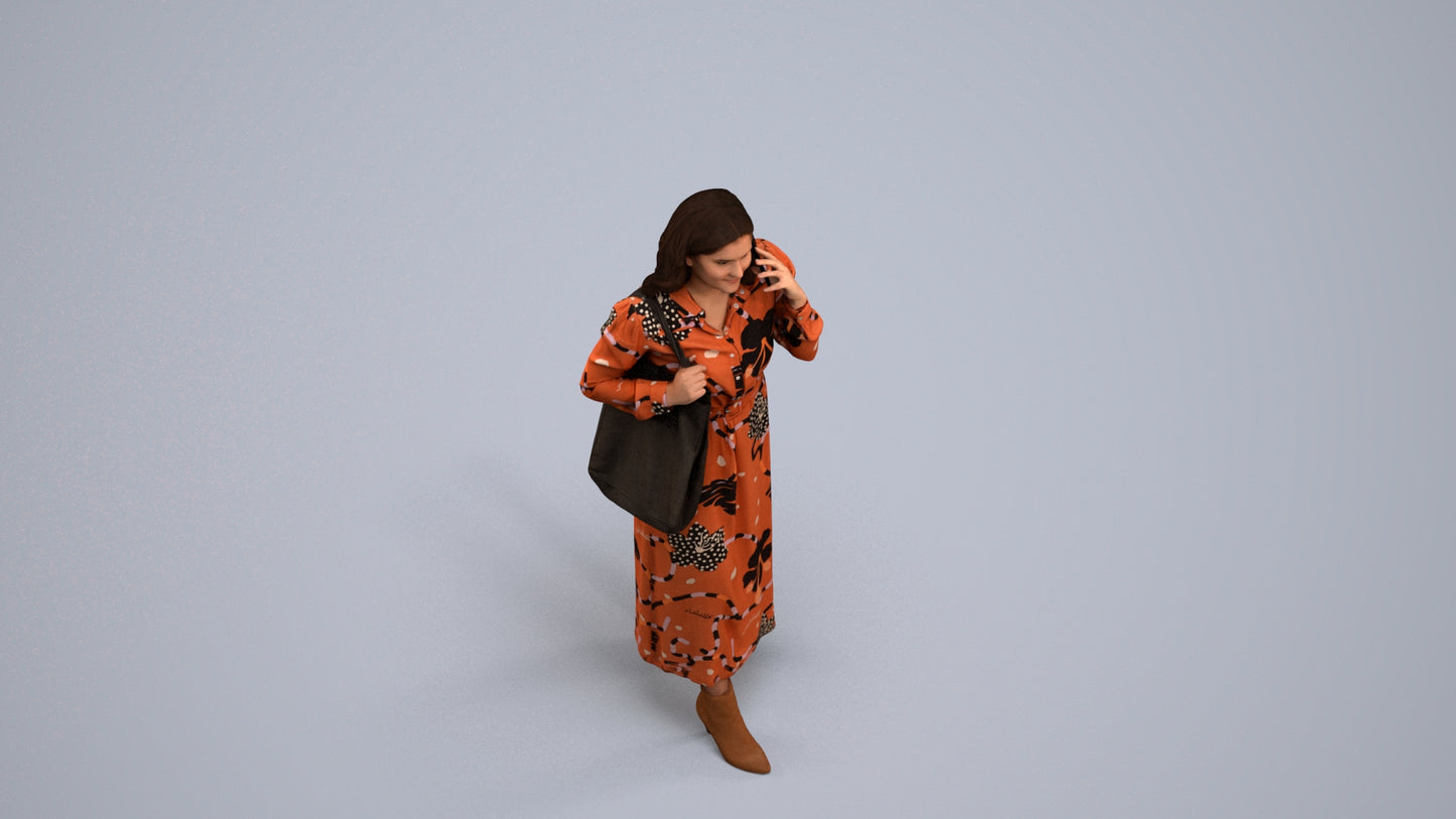 3D human model woman casual walking, photogrammetry scanned person for archviz, back view render