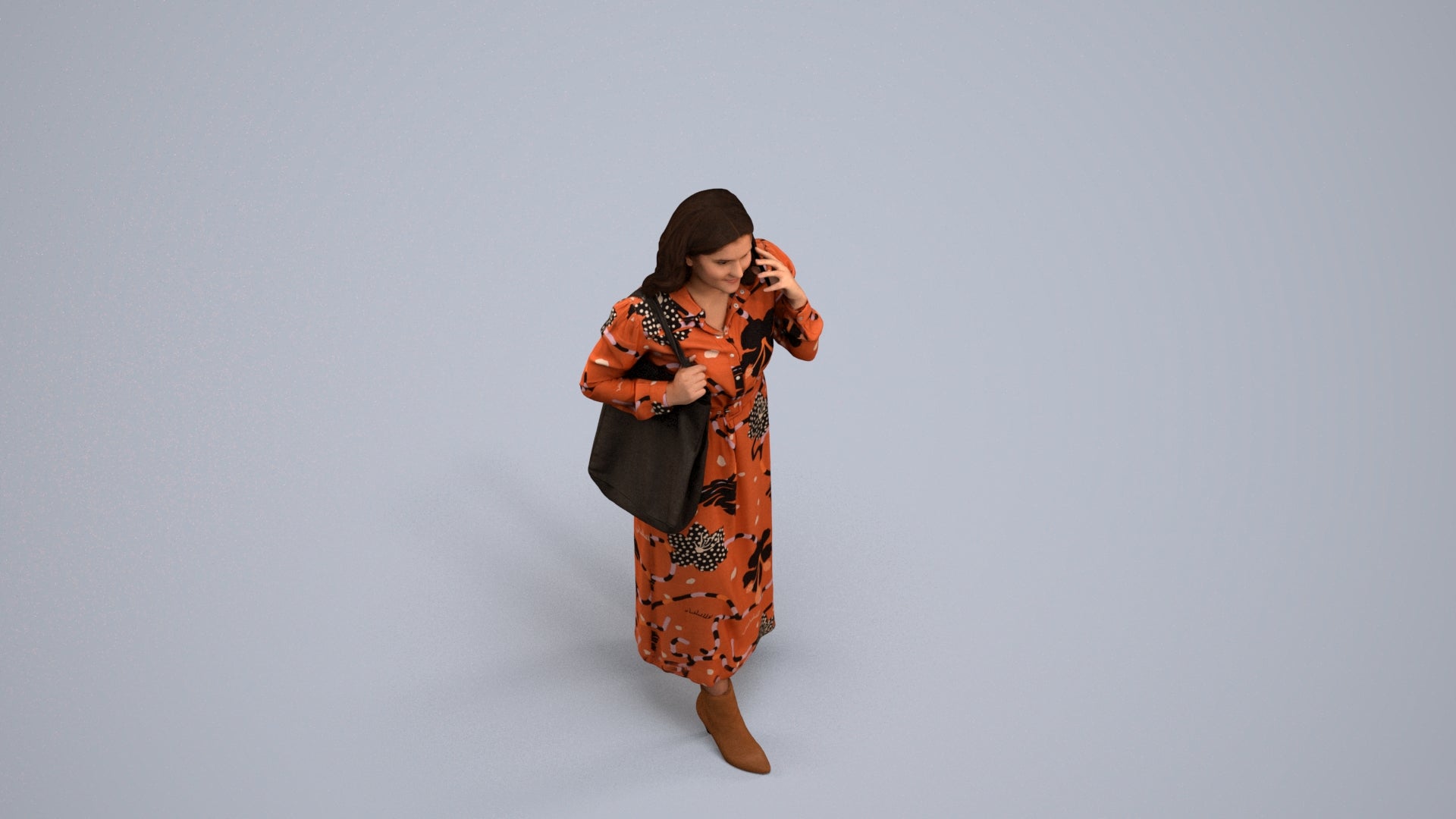 3D human model woman casual walking, photogrammetry scanned person for archviz, back view render