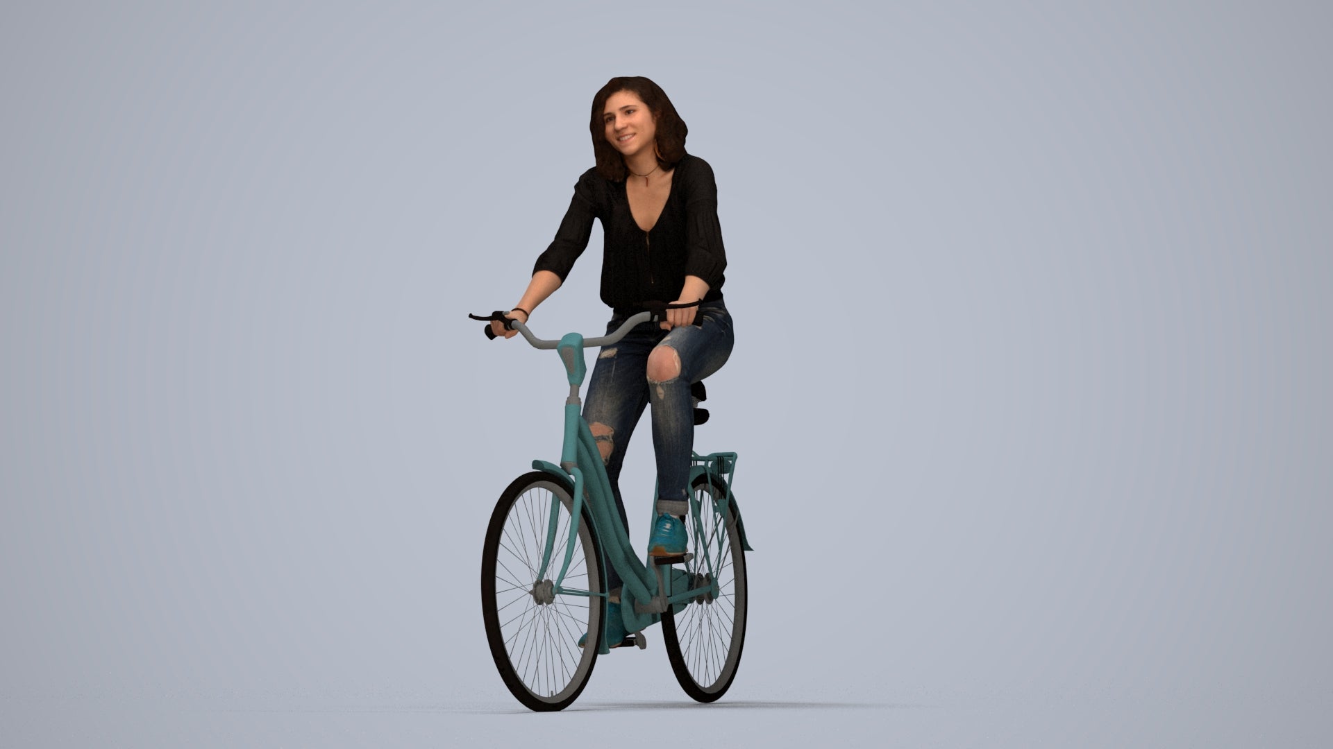 realistic 3D woman casual cycling, scanned archviz people for Blender and 3ds Max, top-down view render