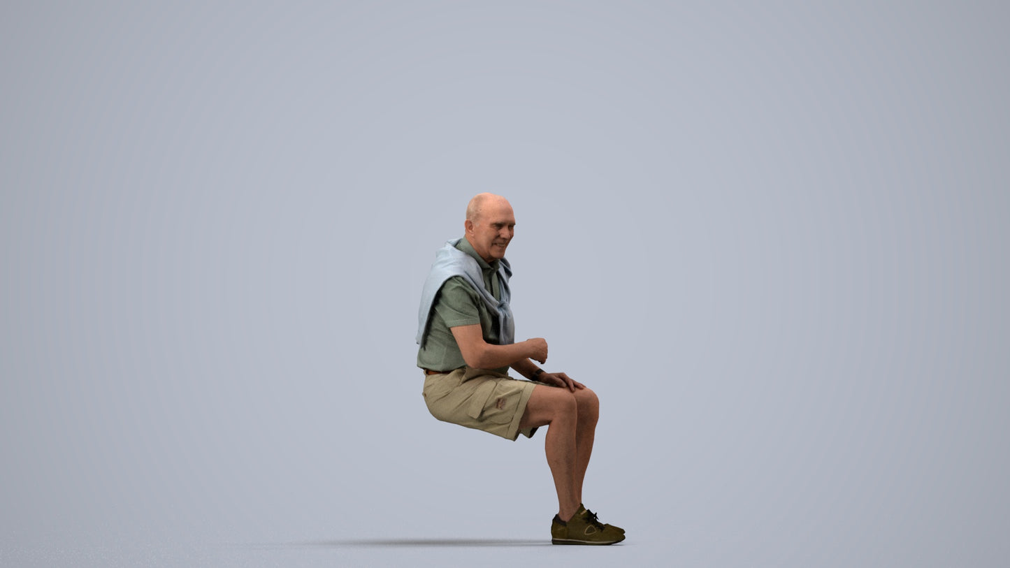 scanned 3D senior man casual sitting, photogrammetry people for Enscape and V-Ray, side view render