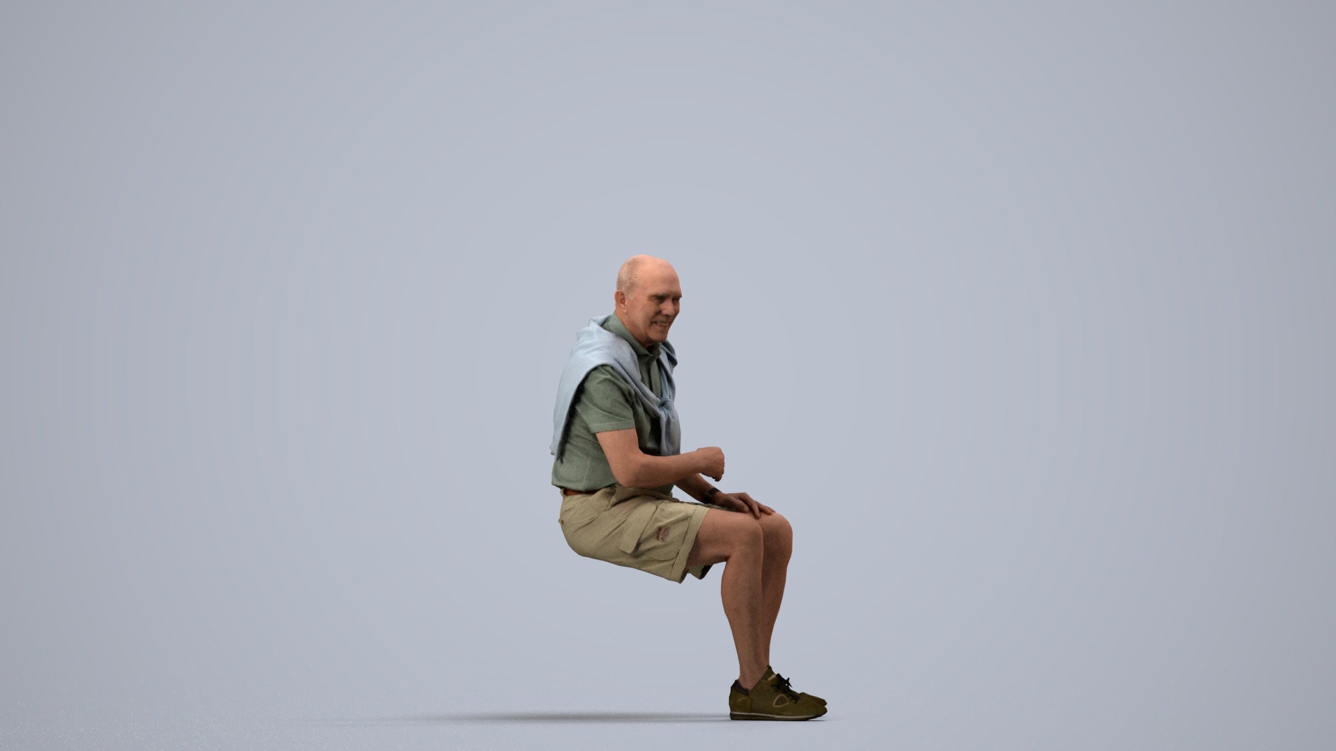 scanned 3D senior man casual sitting, photogrammetry people for Enscape and V-Ray, side view render