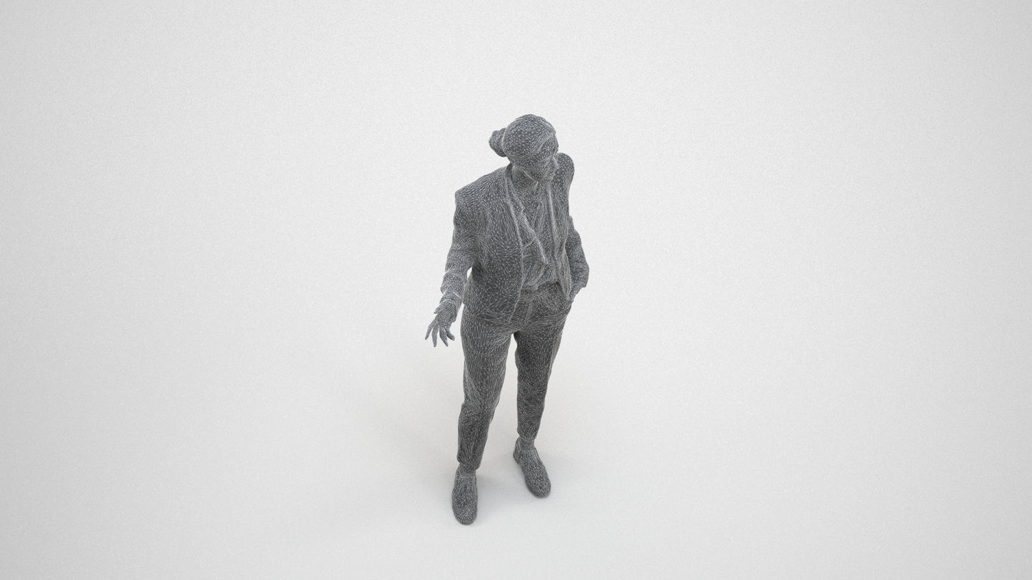 realistic 3D people woman business standing, render-ready for V-Ray and Corona, FBX OBJ, wireframe three-quarter view