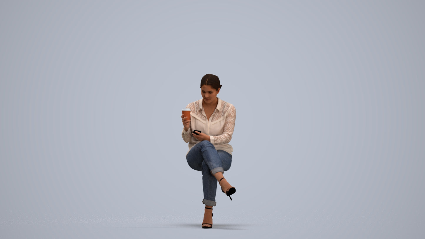 realistic 3D woman casual sitting, scanned archviz people for Blender and 3ds Max, standing pose render