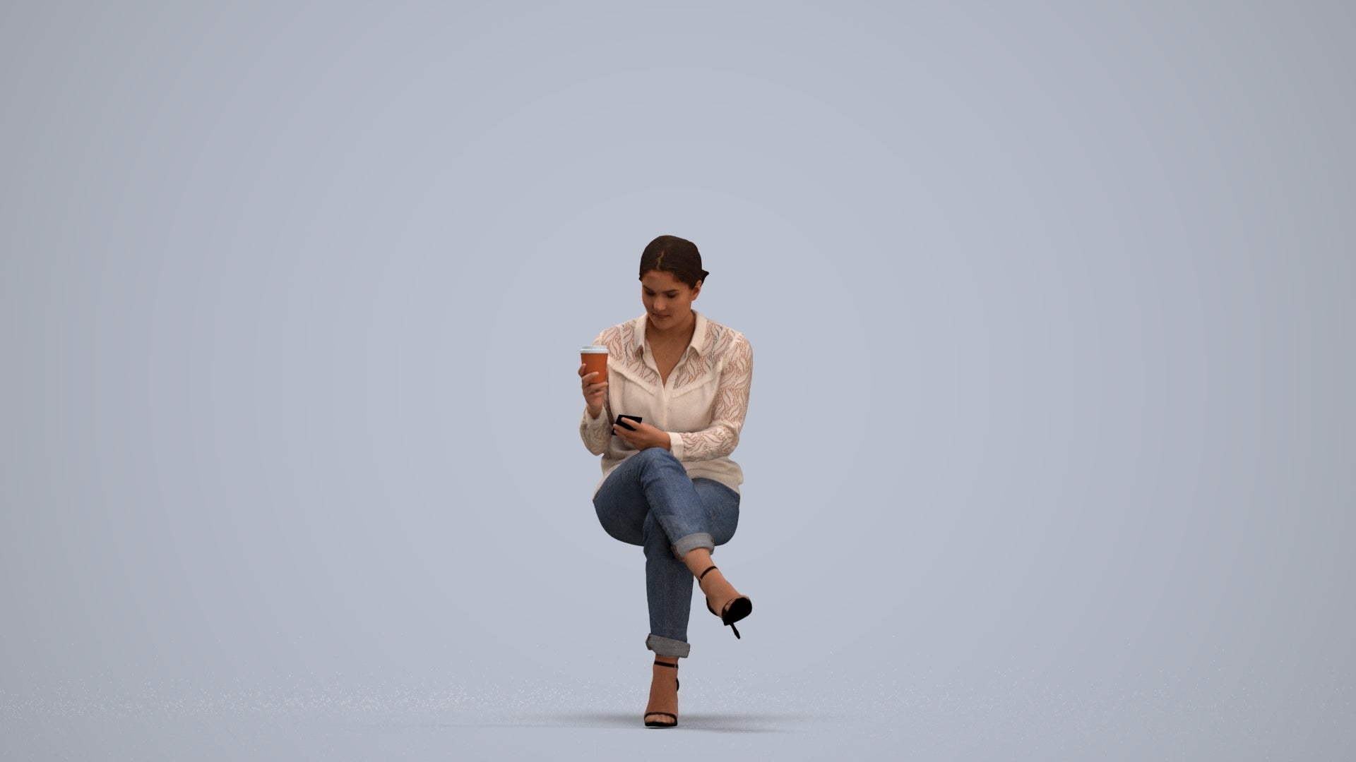 realistic 3D woman casual sitting, scanned archviz people for Blender and 3ds Max, standing pose render