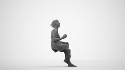 realistic 3D senior woman casual sitting, scanned archviz people for Blender and 3ds Max, wireframe side view