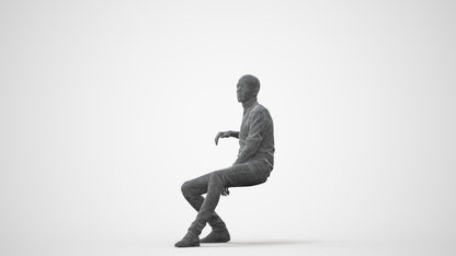 3D human model man casual sitting, photogrammetry scanned person for archviz, square thumbnail