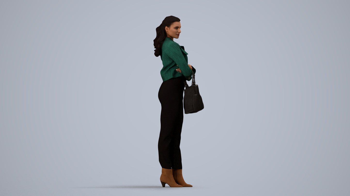 realistic 3D human woman business standing, archviz people FBX OBJ for Blender, side view render